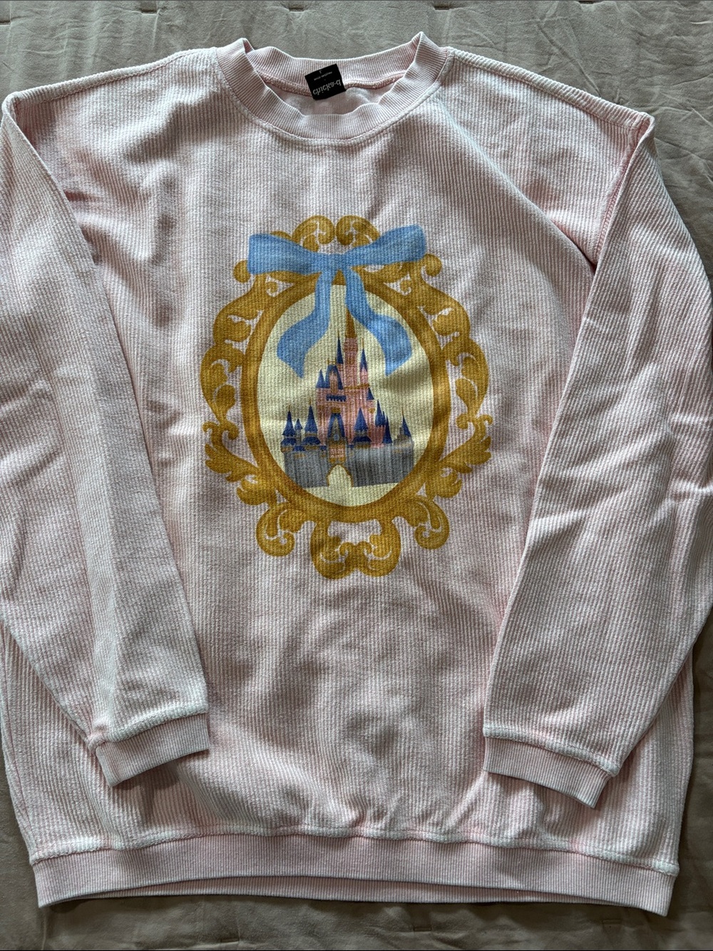Happily Ever After Light Pink Cinderella’s Castle Graphic Corded Sweater
